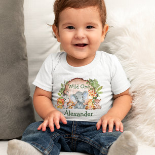 Wild One 1st Birthday Safari Animals Wood Greenery Baby T-Shirt