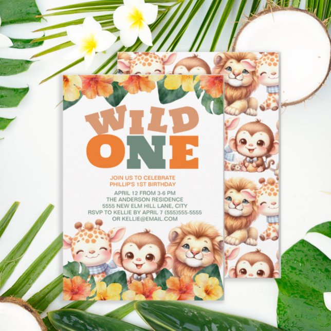 Wild One 1st Birthday Safari Lion Giraffe Monkey Invitation (Cute "Wild One" safari animal 1st birthday party invitation.)