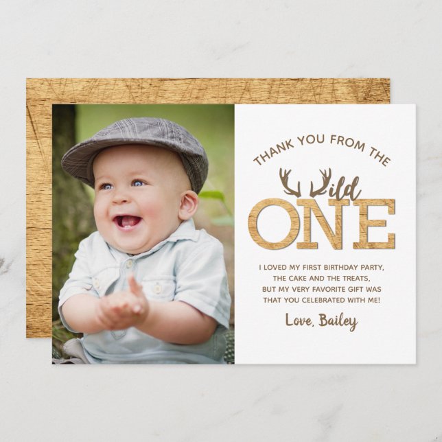 Wild One 1st Birthday Thank You Photo Card (Front/Back)