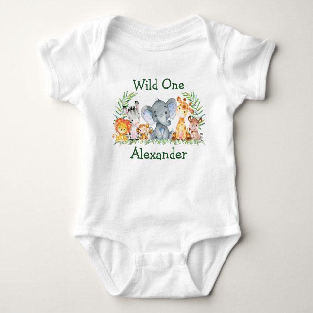 Wild One 1st Birthday Watercolor Safari Animals Baby Bodysuit (Front)
