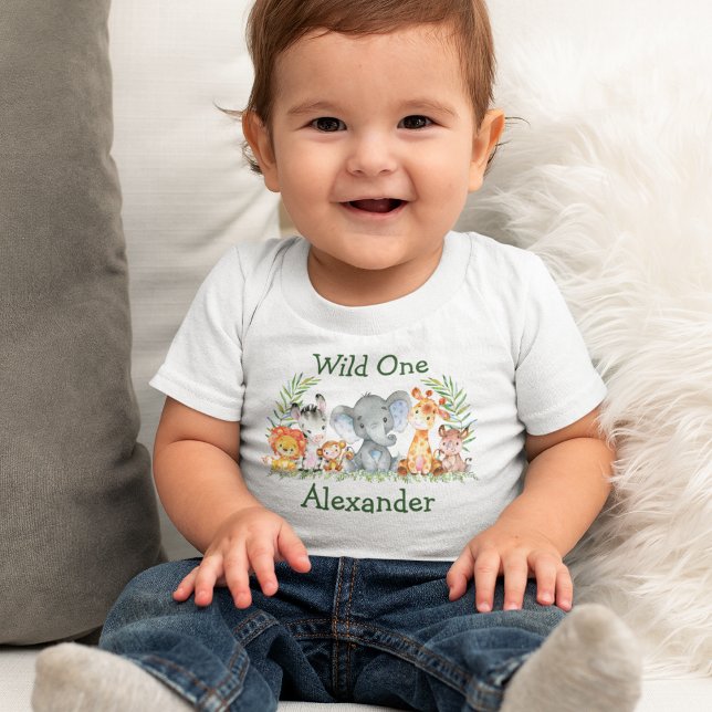 Wild One 1st Birthday Watercolor Safari Animals Baby T-Shirt (Customize to change text color. Many sizes to choose from.)