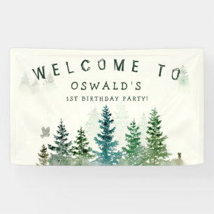 Wild One 1st Birthday Watercolor Woodland Animals Banner