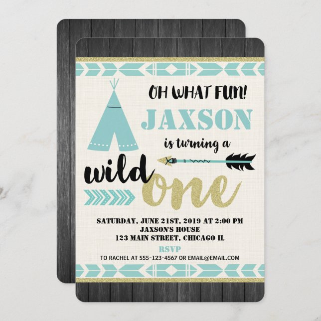 Wild one 1st first birthday invitation teal black (Front/Back)