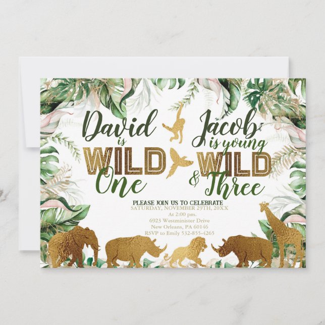 Wild One and Three Combined Zoo 1st 3rd Birthday Invitation (Front)