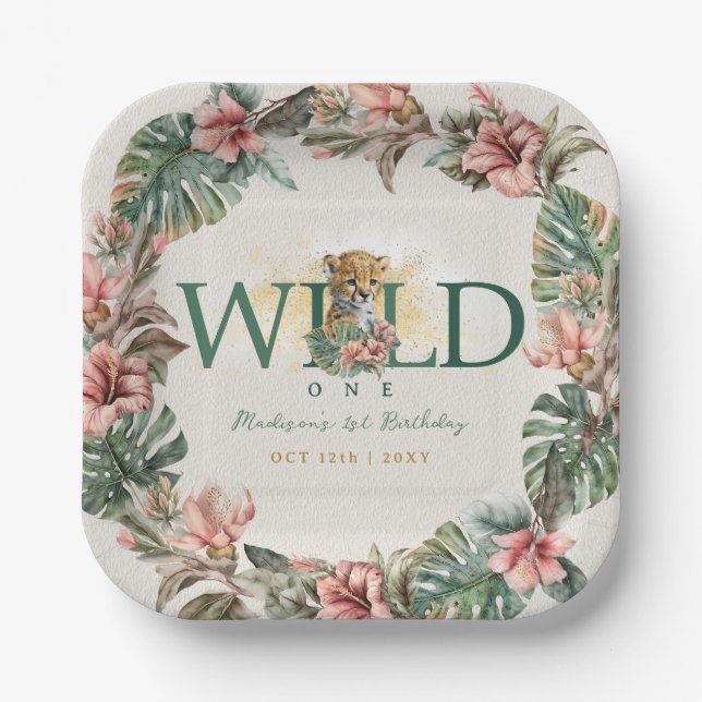 Wild One Animal Guepard Baby Boy 1st Birthday Paper Plate (Front)