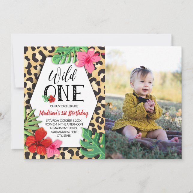 Wild One Animal Print Girls First Birthday Photo Invitation (Front)