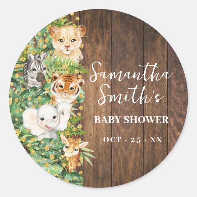 Wild One Animal Rustic Safari Gold Baby Shower Classic Round Sticker (Front)