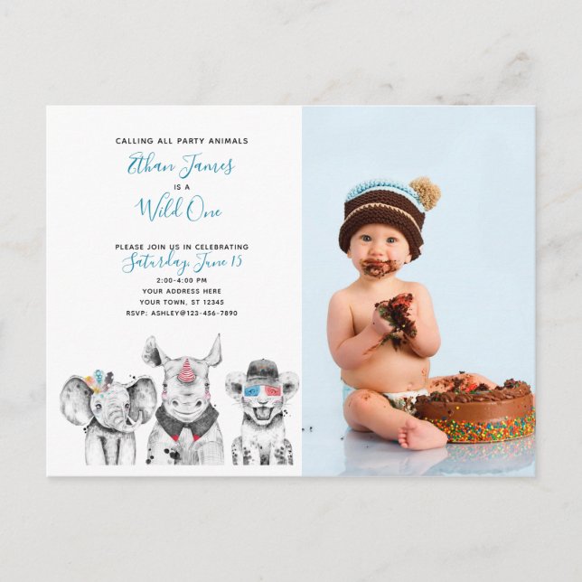 Wild One Animal Safari Baby Boy 1st Birthday Photo Invitation Postcard (Front)