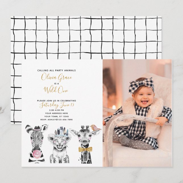 Wild One Animal Safari Baby's 1st Birthday Photo Invitation (Front/Back)
