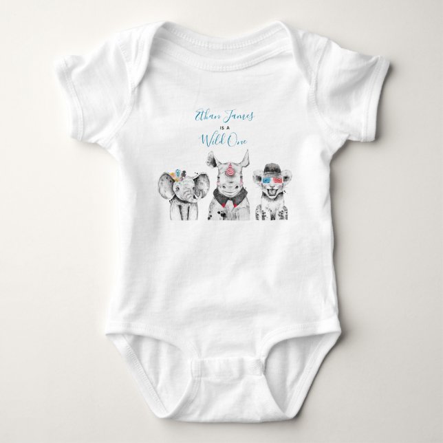 Wild One Animal Safari Black White Blue Birthday Baby Bodysuit (Front)
