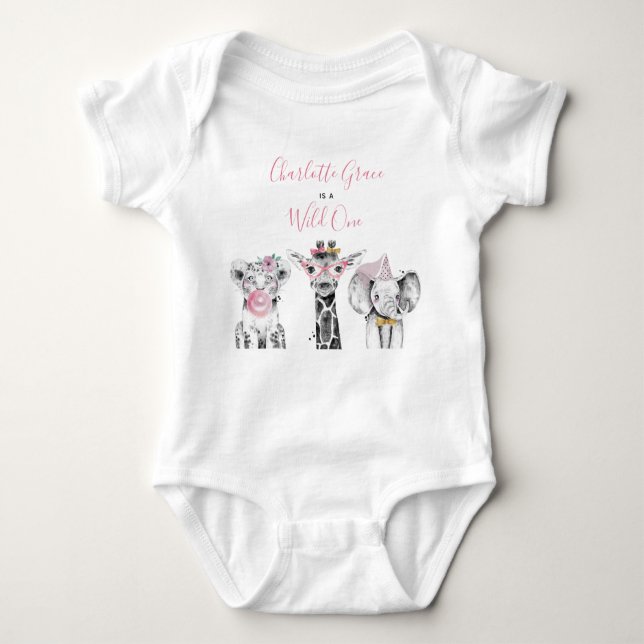 Wild One Animal Safari Black White Pink Birthday Baby Bodysuit (Front)