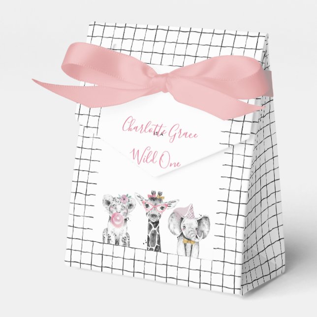 Wild One Animal Safari Black White Pink Birthday Favour Box (Front Side)
