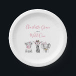 Wild One Animal Safari Black White Pink Birthday Paper Plate<br><div class="desc">An adorable first birthday party "Wild One" safari animal theme paper plate,  featuring hand drawn baby animals in black and white,  and pink hand lettered script and chic modern black sans serif typography. Copyright Elegant Invites,  all rights reserved.</div>