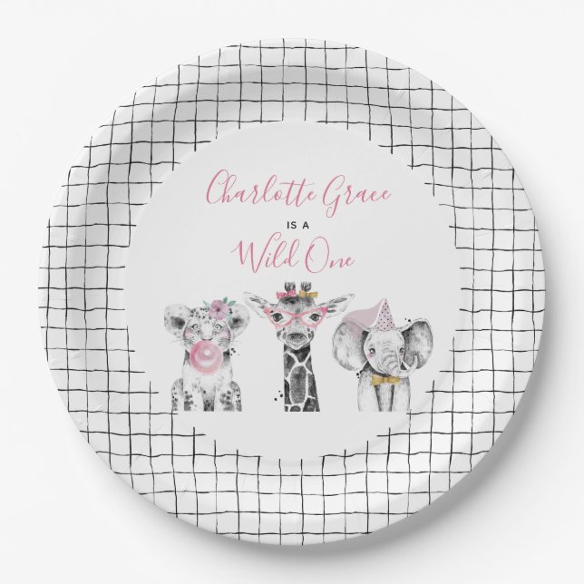 Wild One Animal Safari Black White Pink Birthday Paper Plate (Front)