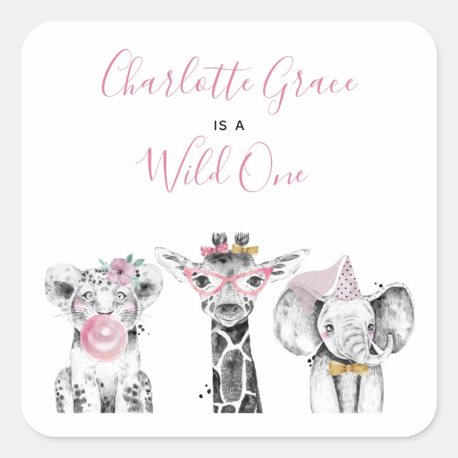 Wild One Animal Safari Black White Pink Birthday Square Sticker (Front)