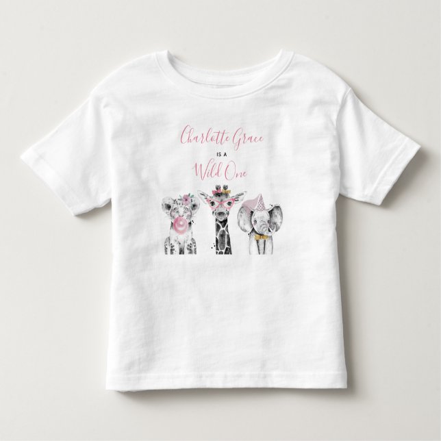 Wild One Animal Safari Black White Pink Birthday Toddler T-Shirt (Front)