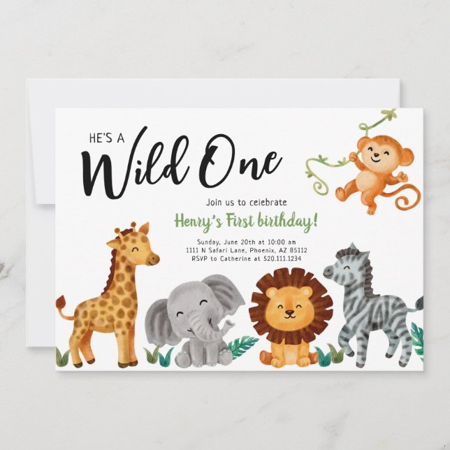 Wild One Animals 1st Birthday Party Invitation (Front)