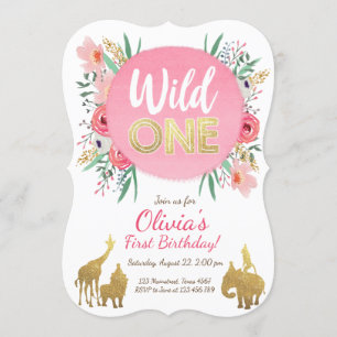 Wild One Animals Birthday Invitation Floral Gold