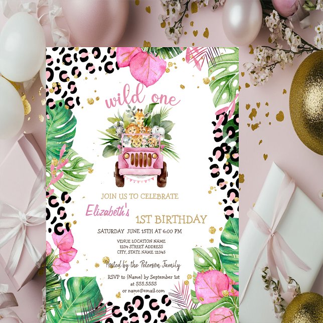 Wild One Animals Car,Palm Leaves 1st Birthday  Invitation (Creator Uploaded)