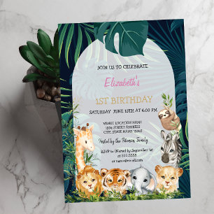 Wild One Animals Jungle Palm Leaves 1st Invitation