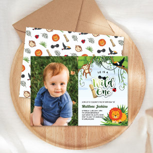Wild One Animals Jungle Safari Birthday Photo Invitation