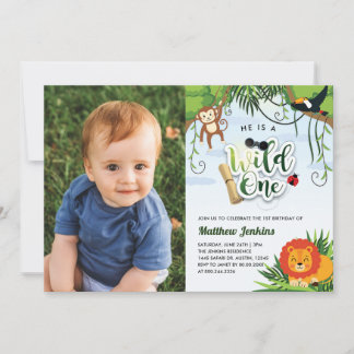 Wild One Animals Jungle Safari Birthday Photo Invitation