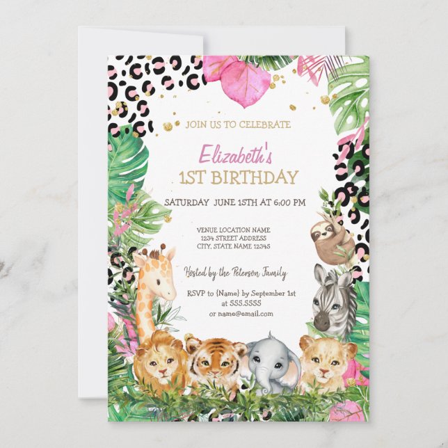 Wild One Animals Jungle Tropical Leaves 1st   Invitation (Front)