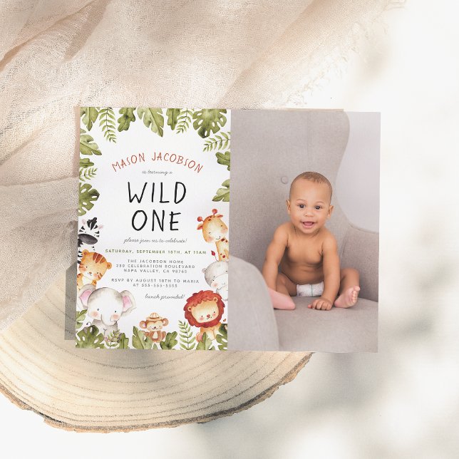 Wild One Animals & Leaves Boy Photo Birthday Party Postcard (Creator Uploaded)