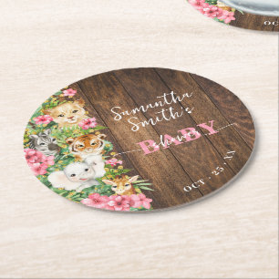 Wild One Animals Rustic Pink Safari Baby Shower Round Paper Coaster
