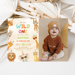 Wild One Animals Safari 1st Birthday Photo Invitation