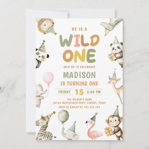 Wild One Animals Safari Turning One Birthday Invitation