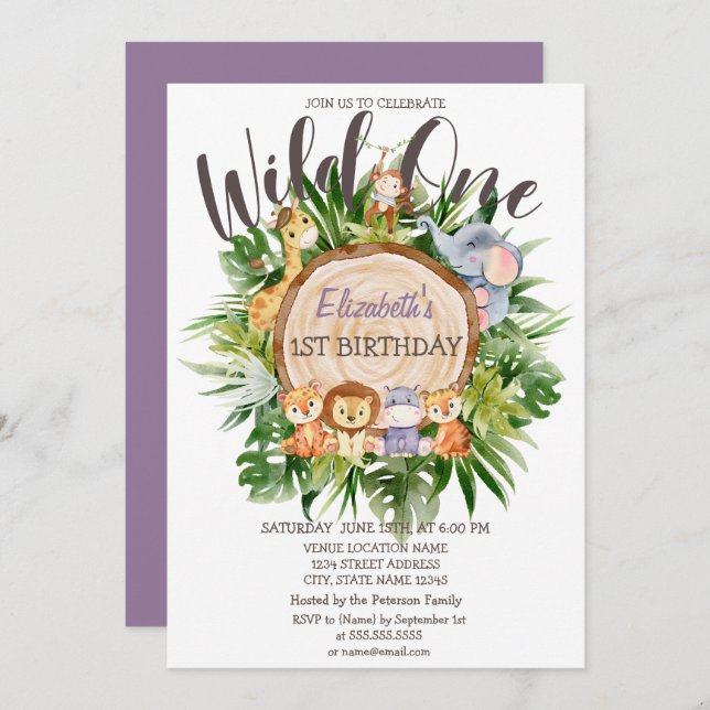 Wild One Animals Wood Birthday    Invitation (Front/Back)