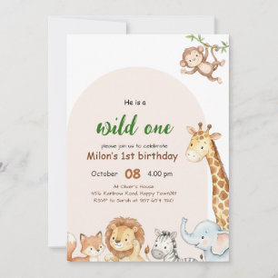Wild One Arch Frame Safari Animal Boy 1st Birthday Invitation