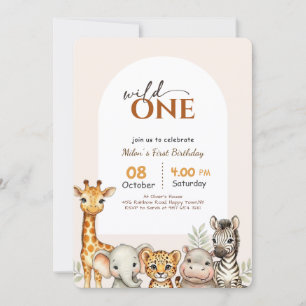 Wild One Arch Safari Animal Girl Boy 1st Birthday Invitation