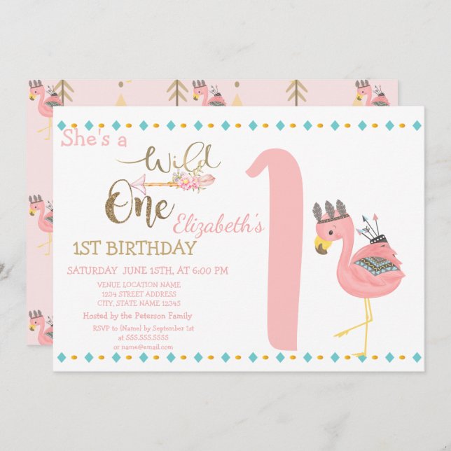 Wild One Arrows,Pink Flamingo First Birthday Invitation (Front/Back)