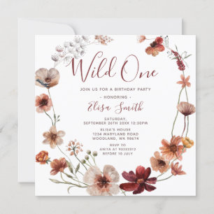 Wild One Autumn Boho Wildflowers Birthday Party Invitation
