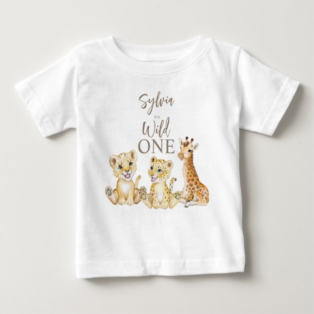 Wild one baby animals personalised name party T-Shirt (Front)