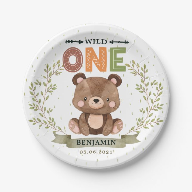 Wild One Baby Bear 1st Birthday Paper Plate (Front)
