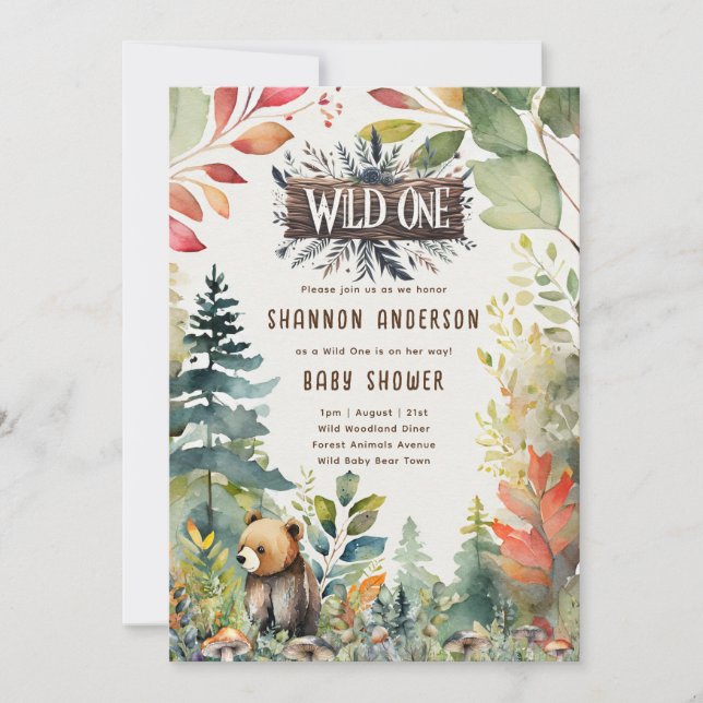 Wild One Baby Bear Woodland Animals Rustic Invitation (Front)