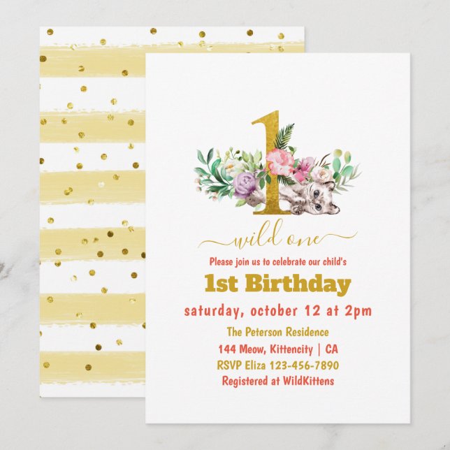 Wild One - Baby Cat and Flowers 1st Birthday Invitation (Front/Back)