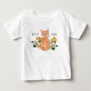 Wild One - Baby Cat and Flowers 1st Birthday T-Shirt