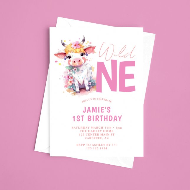 Wild One Baby Cow Pink 1st Birthday Invitation (Creator Uploaded)