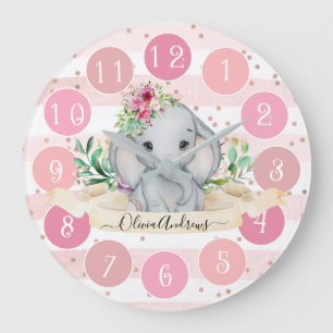 Wild One - Baby Elephant and Flowers Large Clock