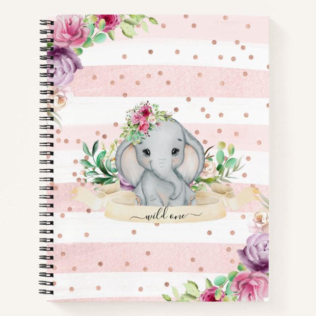 Wild One - Baby Elephant and Flowers Notebook (Front)