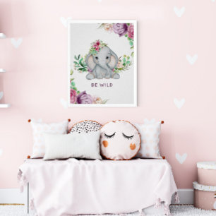 Wild One - Baby Elephant and Flowers Poster