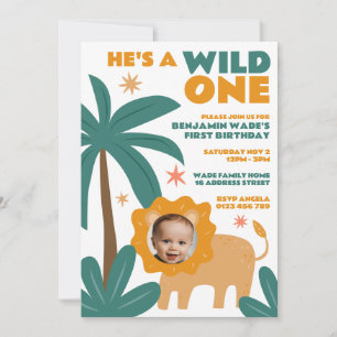 Wild One Baby Lion Face Photo 1st Birthday  Invitation