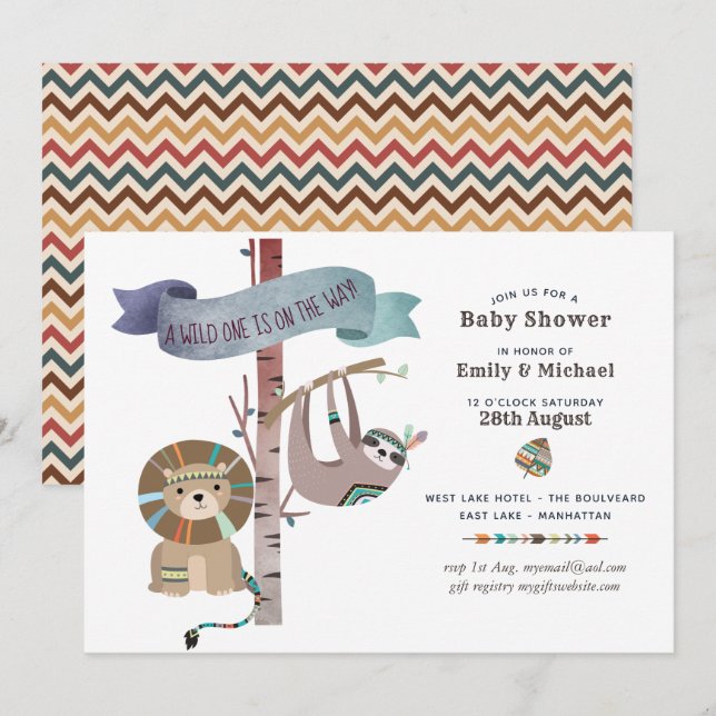 Wild One Baby Shower Tribal Sloth TeePee Invitation (Front/Back)