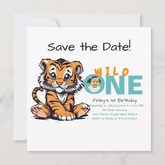 Wild ONE Baby's 1st Birthday Cute Tiger Picture Save The Date (Front)