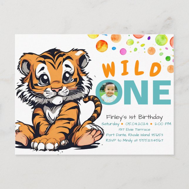 Wild ONE Baby's 1st Birthday with Tiger & Bubbles Postcard (Front)