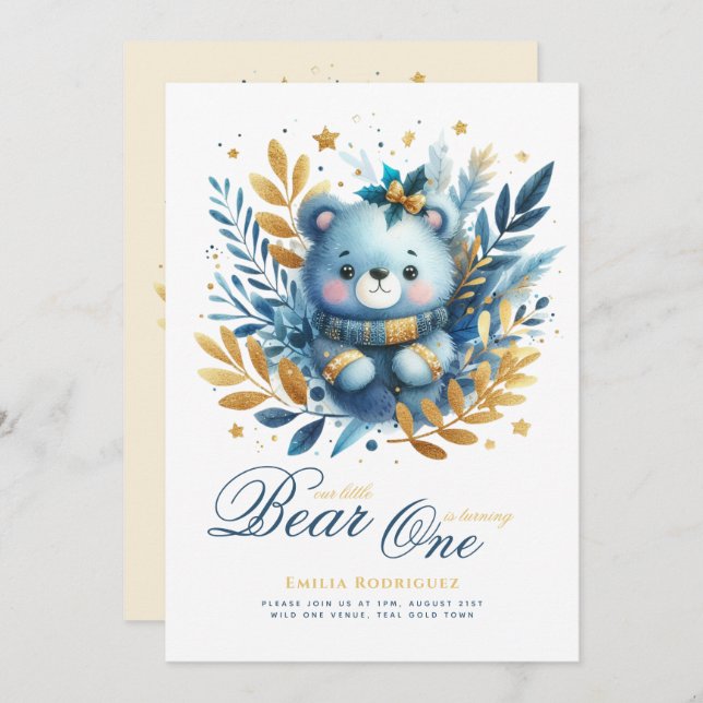 Wild One Bear 1st Birthday (or EDIT AGE) Teal Gold Invitation (Front/Back)